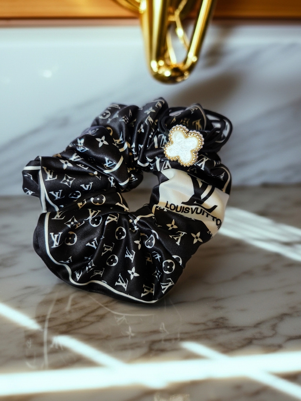Louis Vuitton.Monogram Satin Scrunchie with Gold Clover Hair Tie or Wrist Charm
